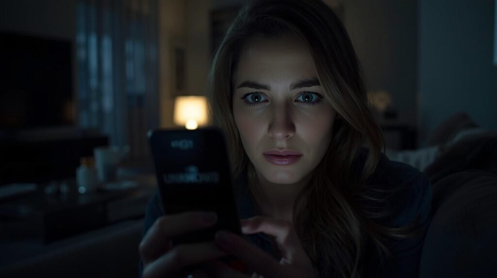 A woman holding a smartphone at night, showing an incoming call from 616-952-2607 in a tense, dimly lit room.